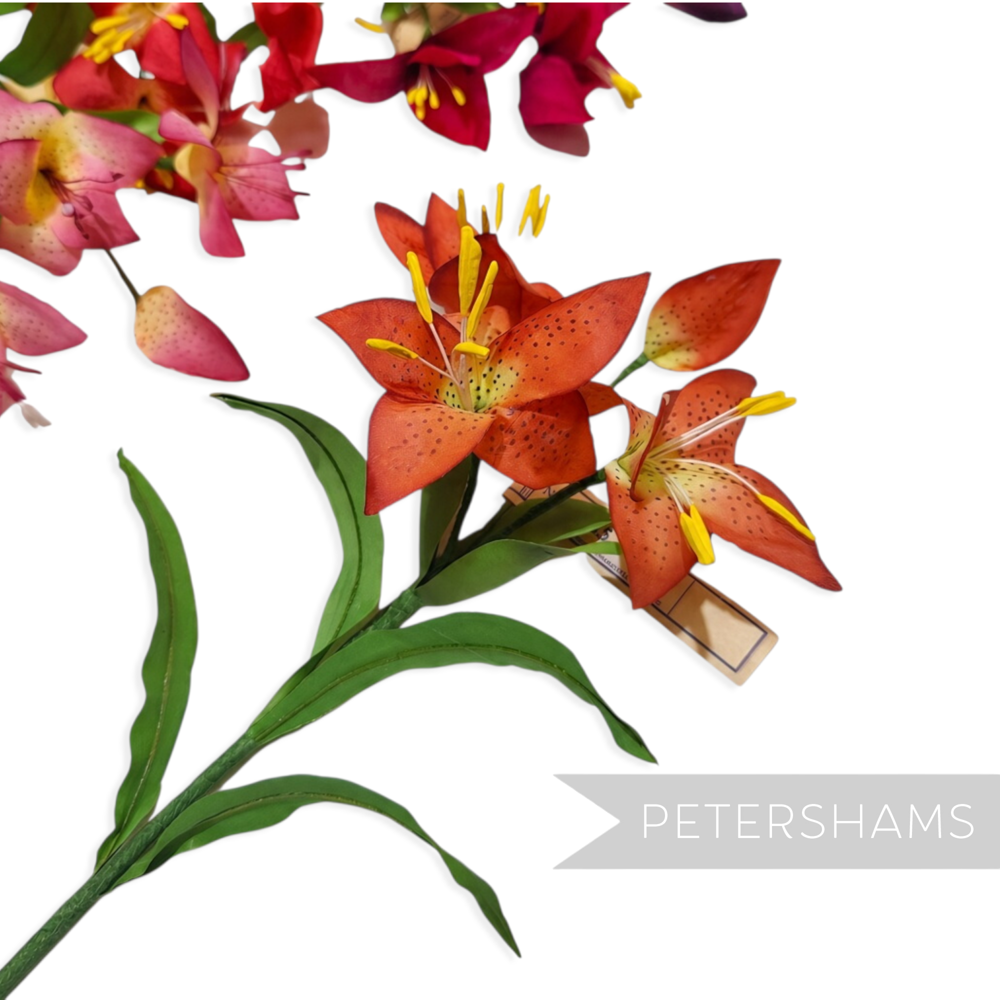 Petershams Millinery Supplies vintage silk lily flower spray with orange gradient petals and long yellow stamens.
