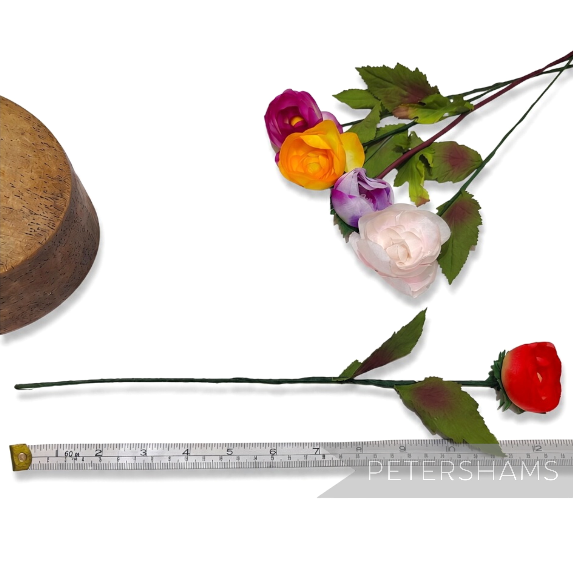 Petershams Millinery Supplies vintage Indie silk rosebud with wired stem and leaves, measuring 32cm in length.