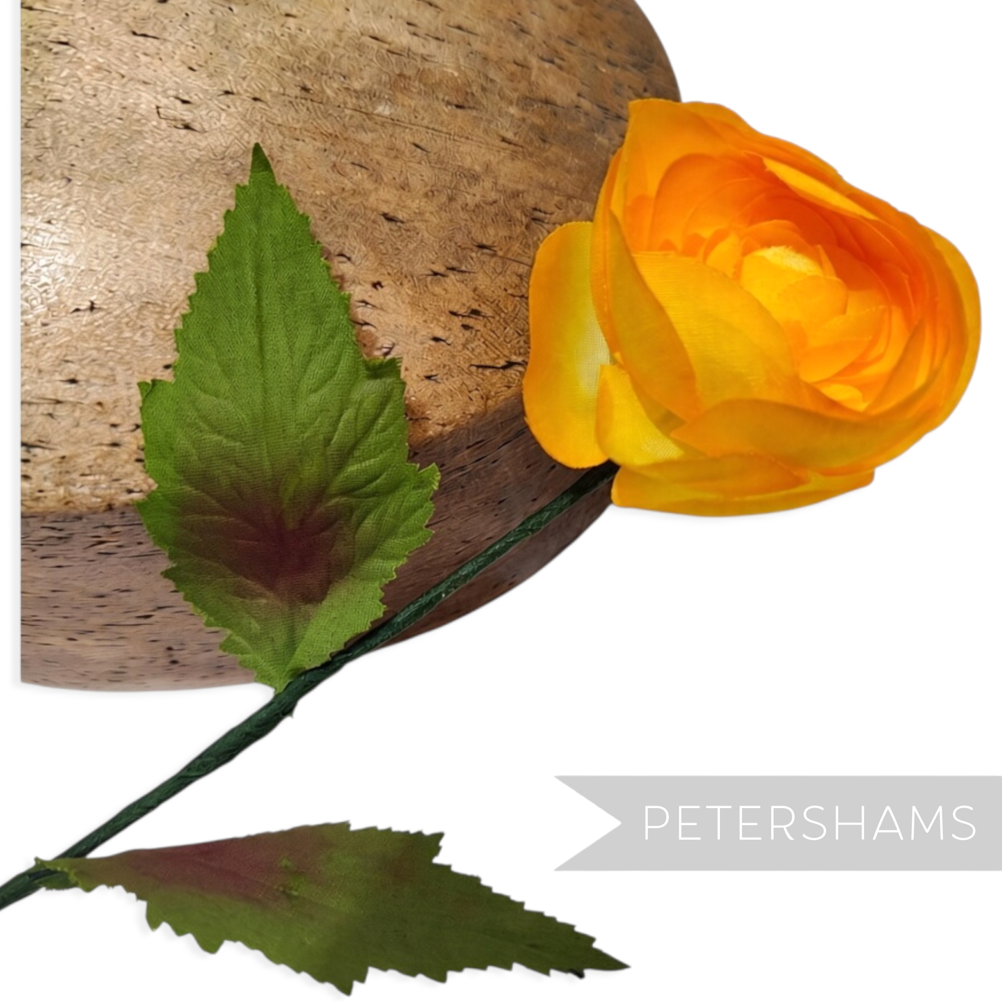 Petershams Millinery Supplies vintage 1960s silk rosebud in vibrant orange with green wired leaves on a long stem