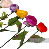 Petershams Millinery Supplies vintage silk rosebuds in pink, purple, yellow, magenta, and red with wired stems