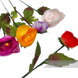 Petershams Millinery Supplies vintage 1960s silk rosebuds in assorted bright colours with wired stems and leaves.