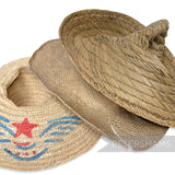 Petershams Millinery Supplies set of three vintage straw bail ends with natural textures and a red star design.