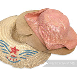 Petershams Millinery Supplies set of three vintage straw hat bail ends in natural, tan, and pink for millinery crafts.