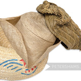 Petershams Millinery Supplies set of three vintage straw bail ends for hat making, showing natural wear and texture.