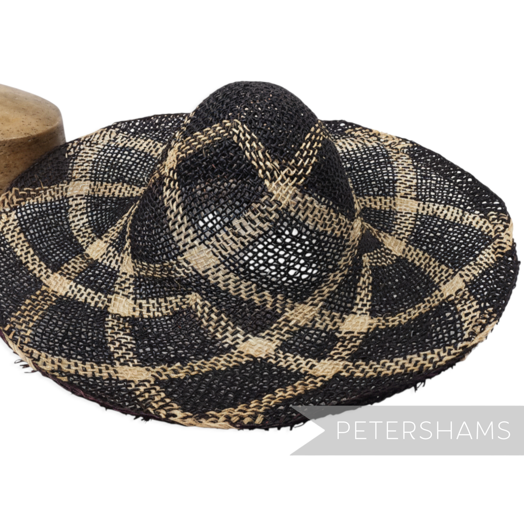 Petershams Millinery Supplies vintage charcoal and natural seagrass and jute straw capeline with roulette curve pattern