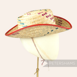 Petershams Millinery Supplies vintage 1950s child size straw cowboy hat with a red PVC brim and multicolour swirl