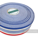 Petershams Millinery Supplies vintage 35mm wide striped grosgrain ribbon roll in blue, white, and red regalia style