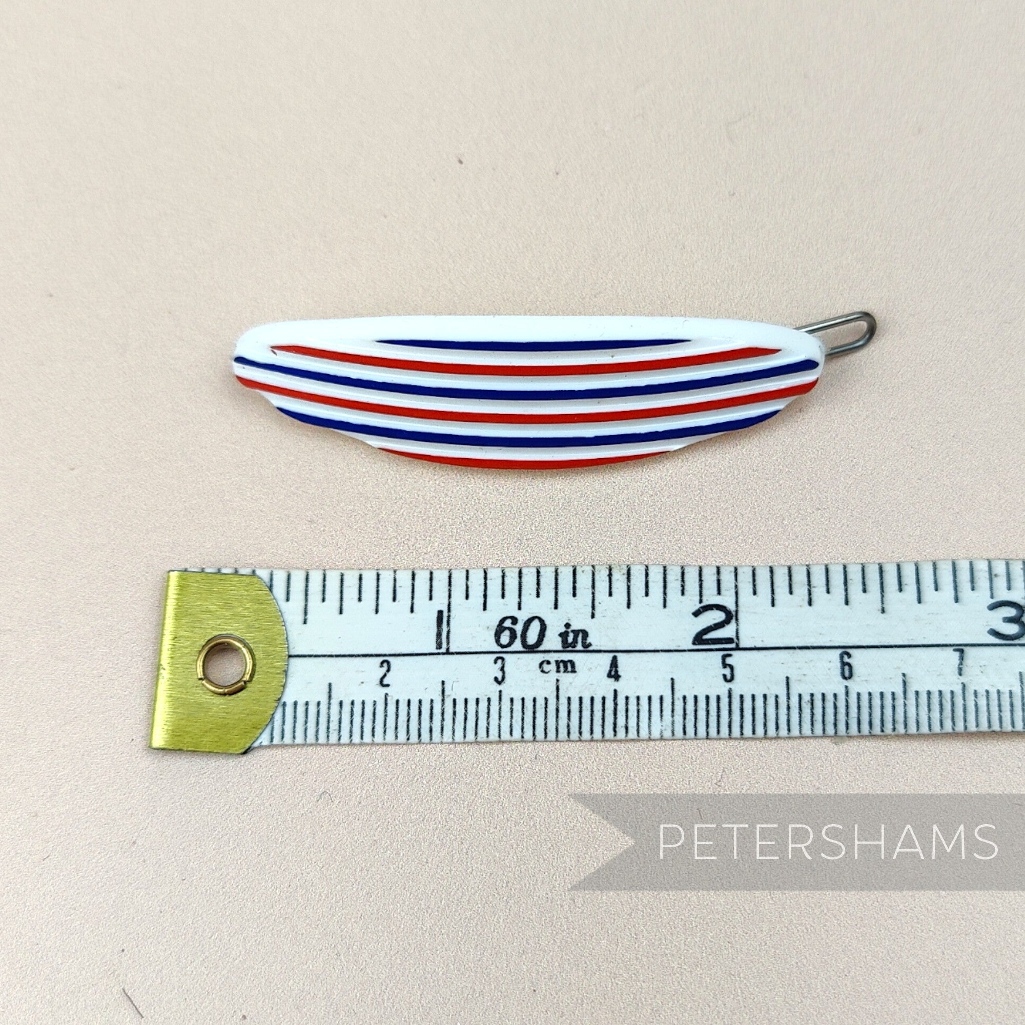 Petershams Millinery Supplies vintage Holdette red white and blue striped hair barrette measuring 5.5cm in length