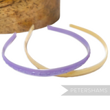 Petershams Millinery Supplies vintage 1960s skinny headbands in lilac and pale yellow with swirl pattern.