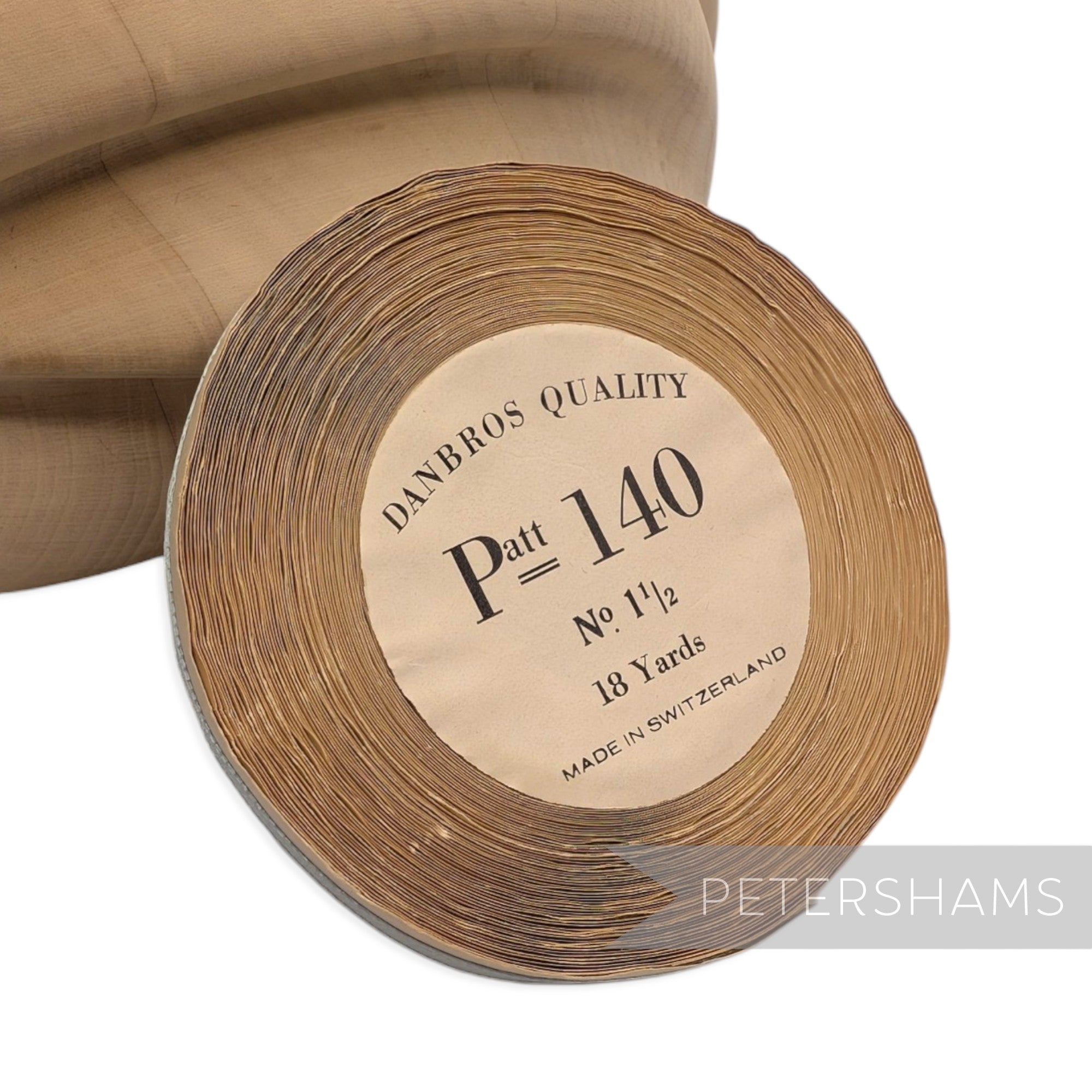 Petershams Millinery Supplies vintage Swiss rayon crepe ribbon roll in tan with Patt 140 label for hat trimming and present wrapping