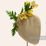 Petershams Millinery Supplies vintage Petra trumpet flower branch with yellow gradient blooms on a millinery head block