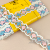 Petershams Millinery Supplies vintage 22mm pink, blue, and white cotton-nylon woven trim on a yellow spool