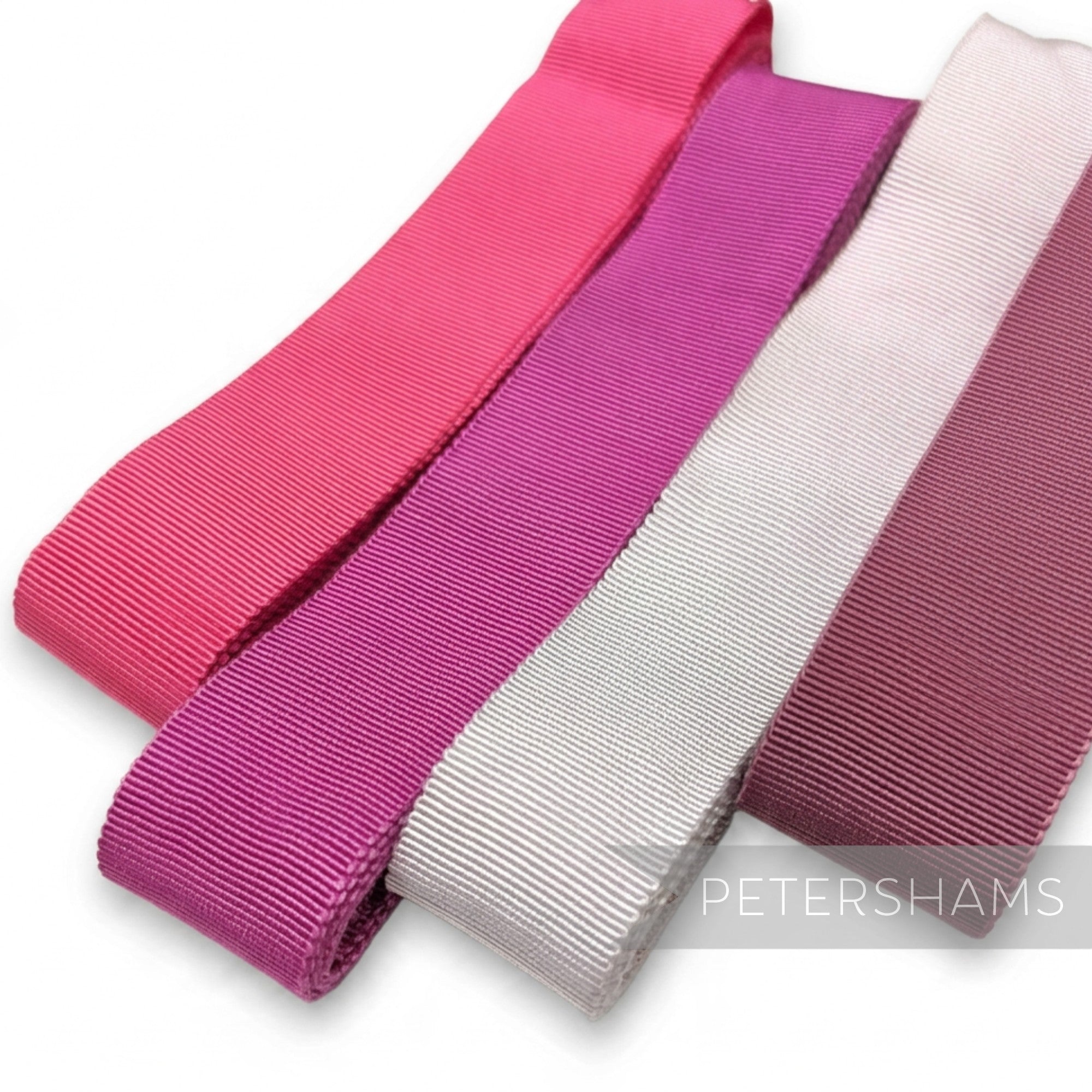 Petershams Millinery Supplies warm collection petersham ribbon assortment in shades of pink, purple, and beige