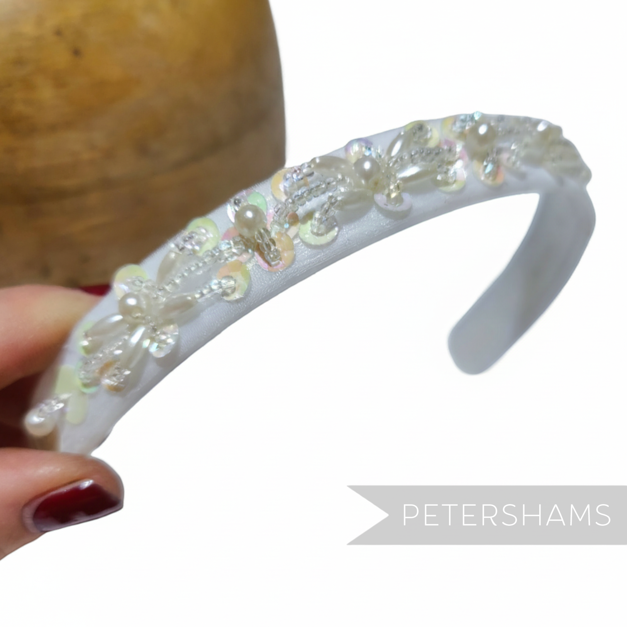 Petershams Millinery Supplies white satin headband with iridescent sequins, pearls, and beads. Vintage 1990s.