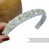 Petershams Millinery Supplies white satin headband with iridescent sequins, pearls, and beads. Vintage 1990s.