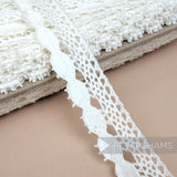 Petershams Millinery Supplies white 22mm cotton eyelash lace trim with intricate scalloped pattern on a spool