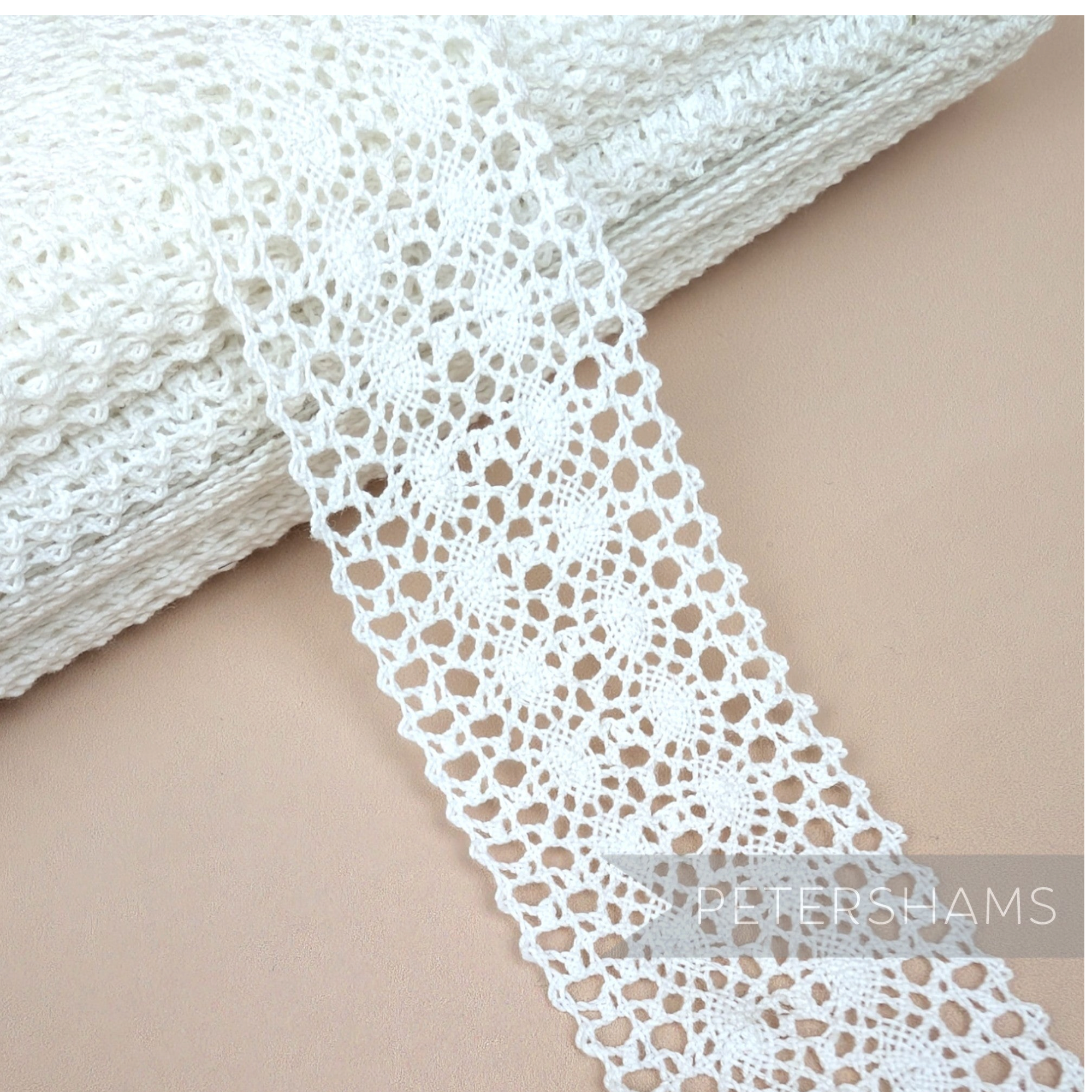 Petershams Millinery Supplies 43mm white cotton lace trim with intricate double-row pattern and picot edge detail. Perfect for weddings, brides and veils