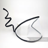 Petershams Millinery Supplies Astra white crinoline visor fascinator with a long, swirled black wired sinamay trim.