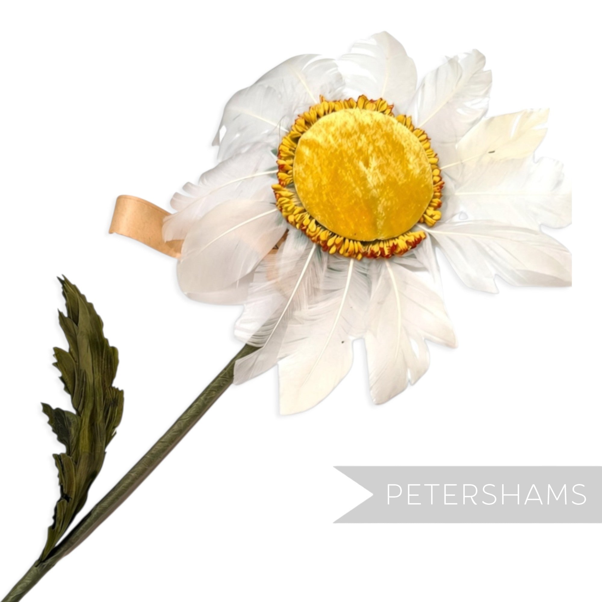 Petershams Millinery Supplies vintage white feather daisy flower with a yellow velvet centre and long green stem.