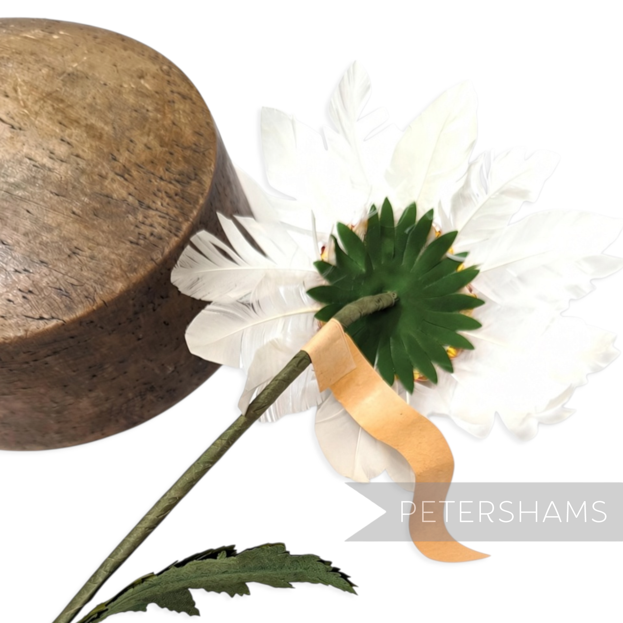 Petershams Millinery Supplies vintage white feather daisy flower with long stem and green leaves