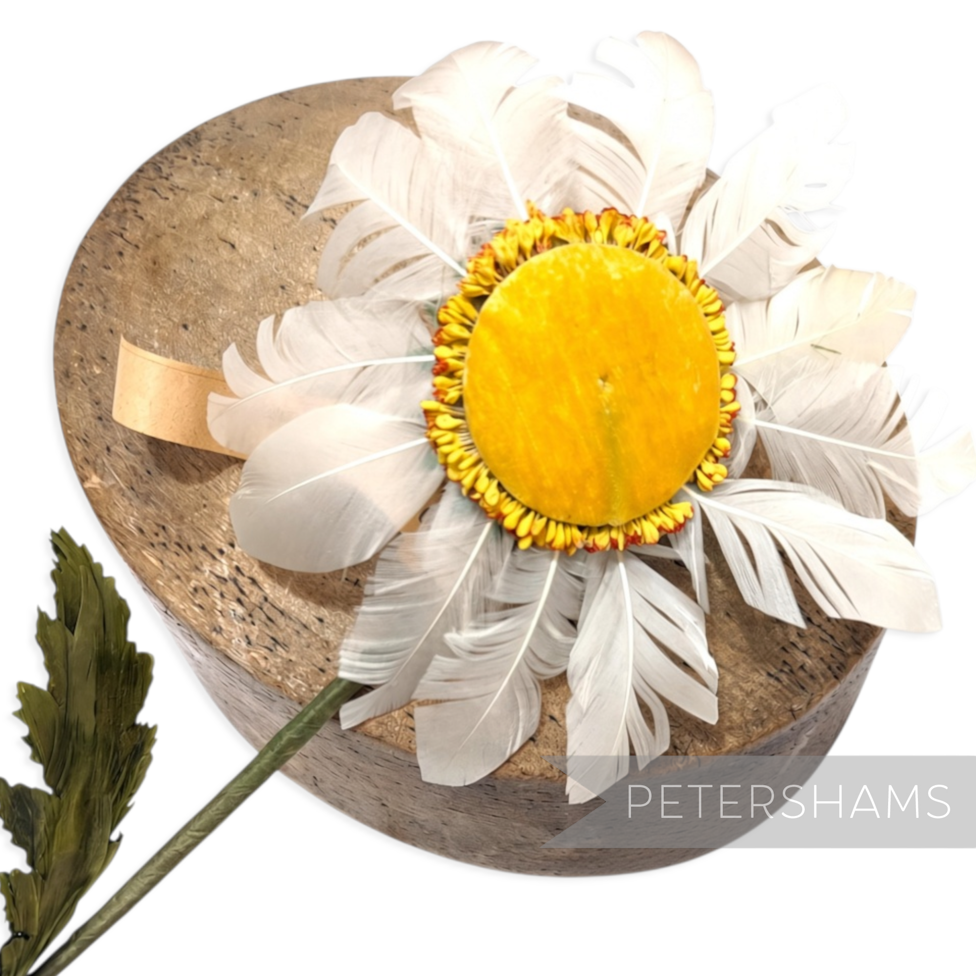 Petershams Millinery Supplies vintage white feather daisy flower with a yellow velvet centre and long green stem