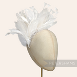 Petershams Millinery Supplies ivory feather hat mount featuring zig zag goose, coque, and peacock feathers