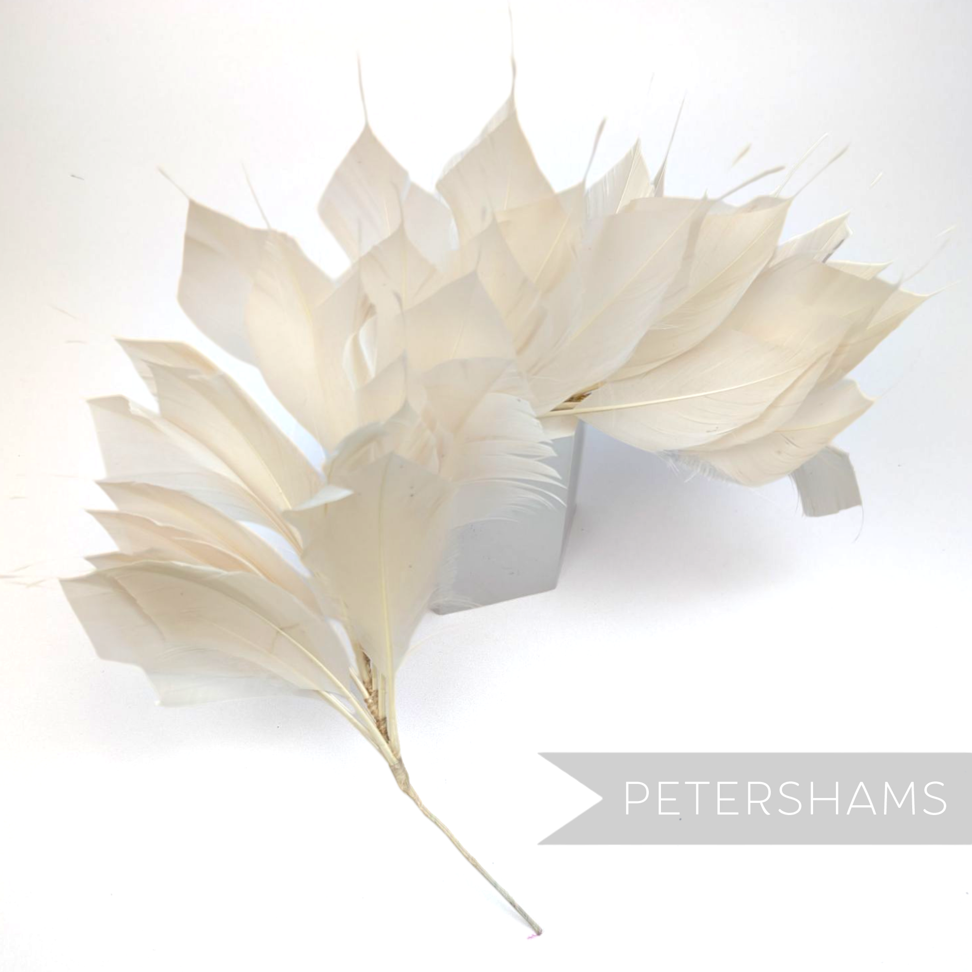 Petershams Millinery Supplies large light beige spiky goose feather hat mount on a flexible wired stem for headpieces.