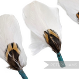 Petershams Millinery Supplies small white feather hat mounts with layered pheasant, hackle, and goose feathers.