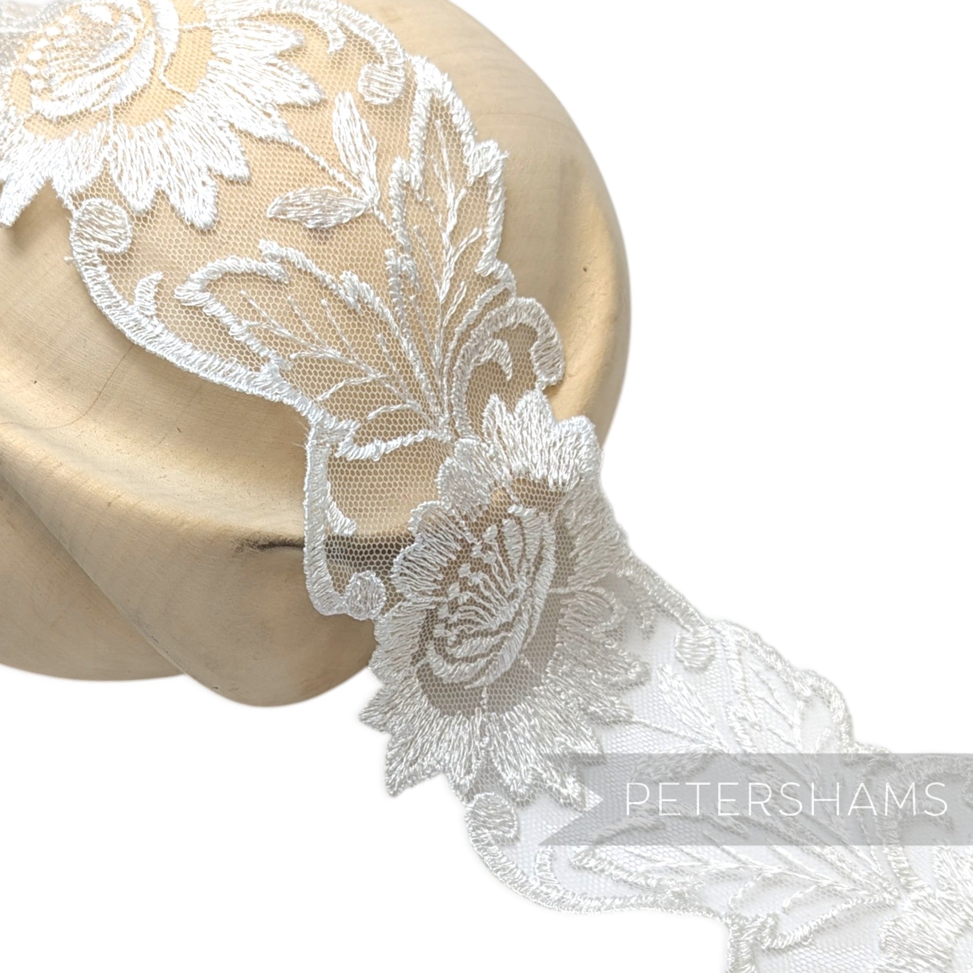 Petershams Millinery Supplies white sheer lace trim with vintage floral embroidery and swirly border for bridal veils