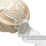 Petershams Millinery Supplies white sheer lace trim with vintage floral embroidery and swirly border for bridal veils