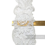 Petershams Millinery Supplies white sheer lace trim with embroidered flower pattern and swirly border, 9cm wide.