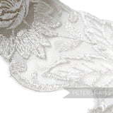 Petershams Millinery Supplies white sheer lace trim with embroidered floral and leaf pattern for bridal veils