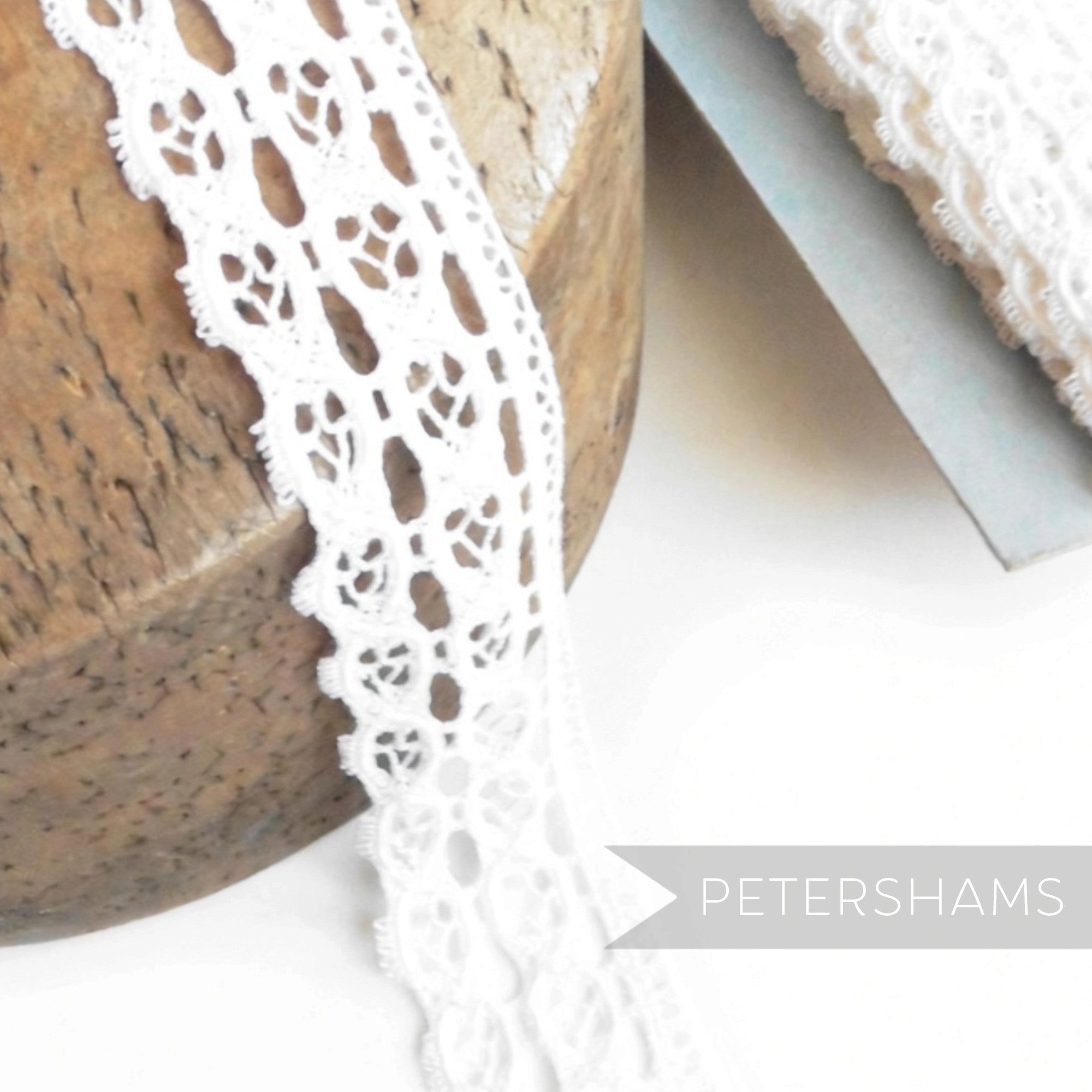 Petershams Millinery Supplies 25mm white vintage double row fine lace trim with delicate floral pattern