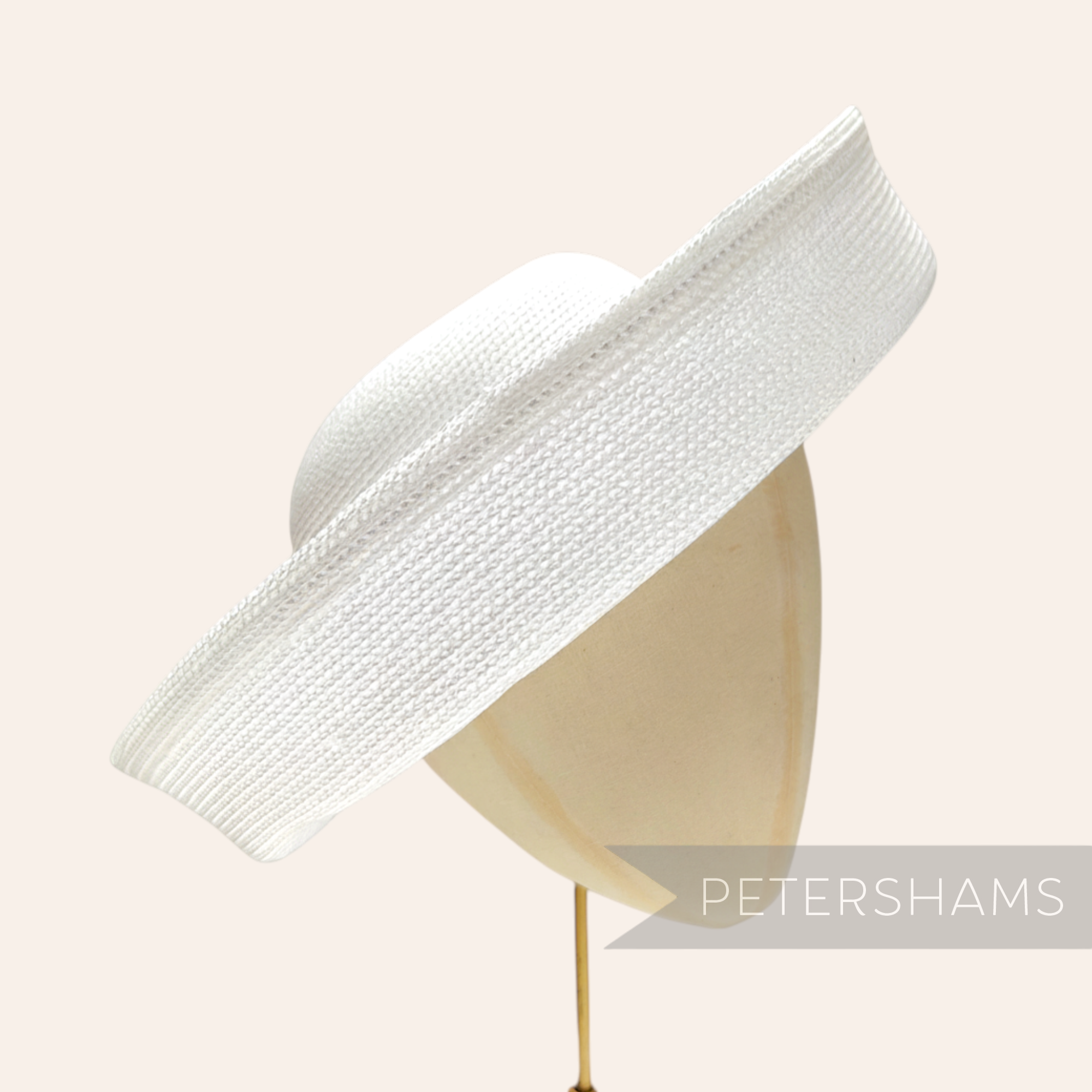 Petershams Millinery Supplies white polybraid sailor hat form with large upturned brim, ideal for race hats and mothers of the bride.