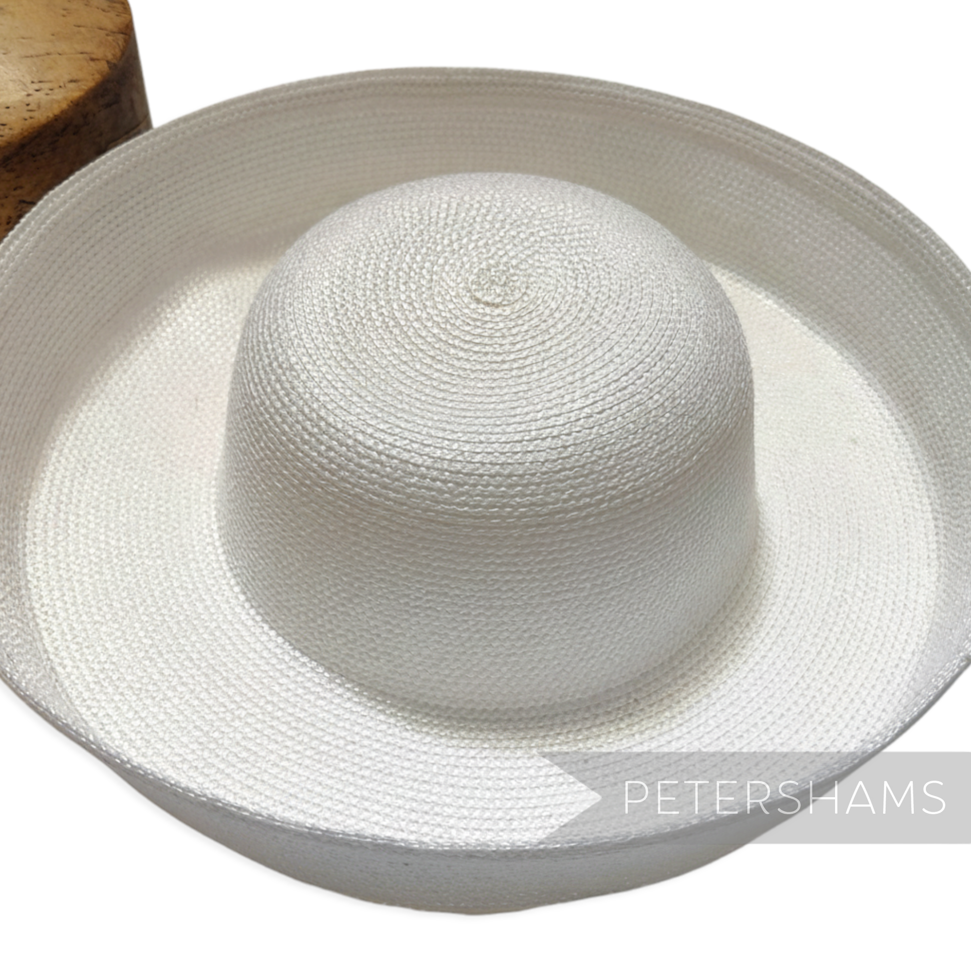Petershams Millinery Supplies white polybraid sailor hat form with large upturned brim, ideal for occasion hats.