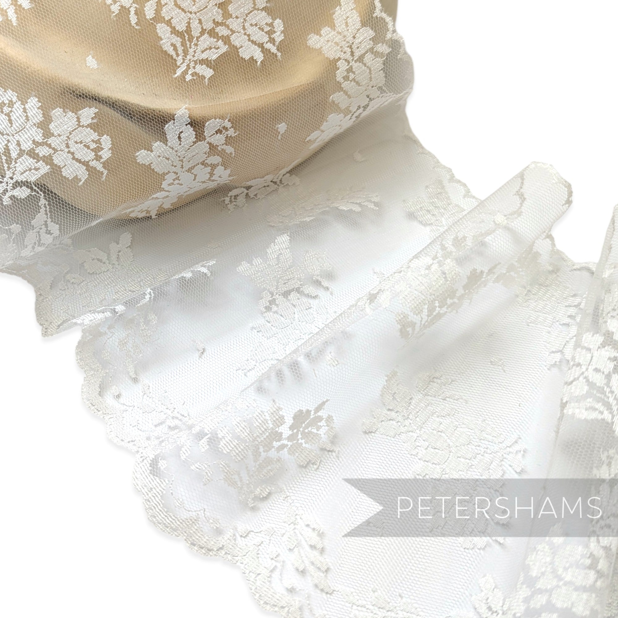 Petershams Millinery Supplies white sheer lace trim with rose and dot pattern and scalloped edges for bridal veils
