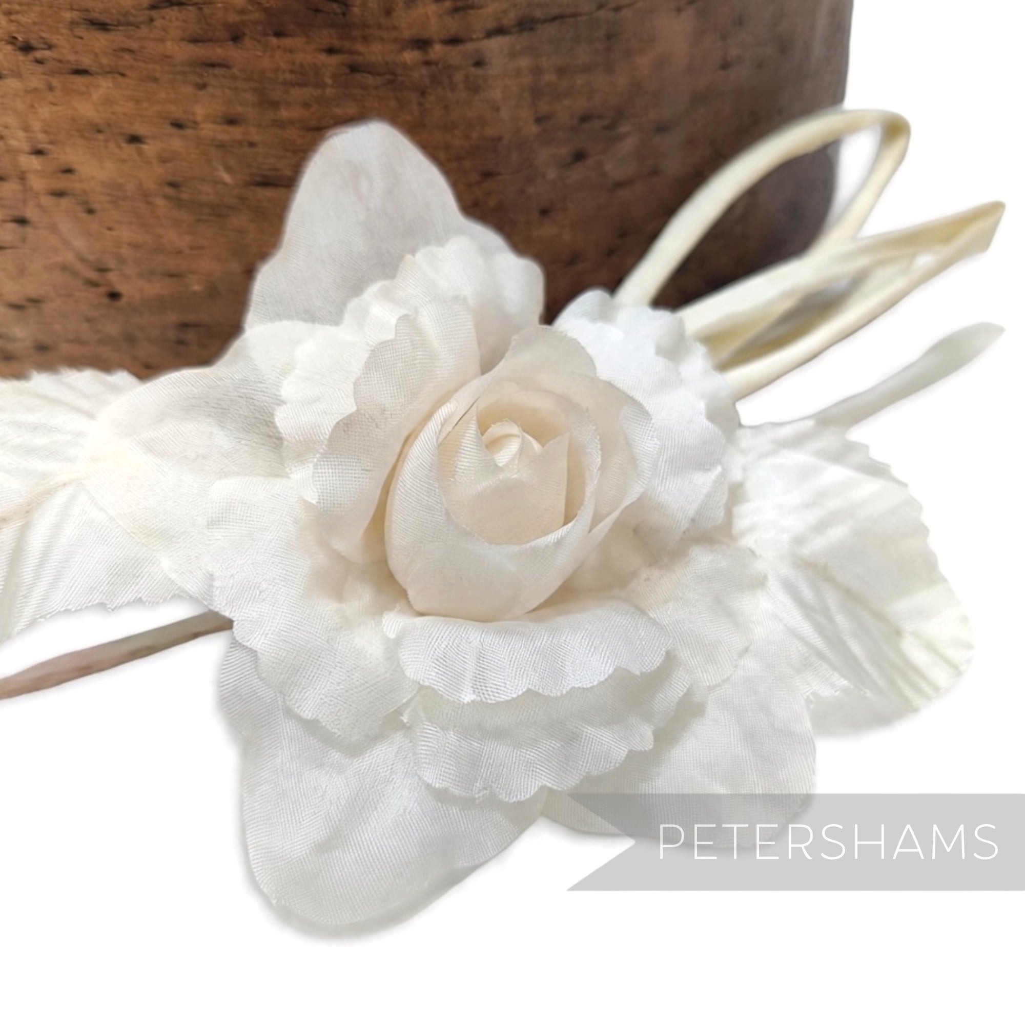 Petershams Millinery Supplies Zahra petite white silk flower hat mount with wired leaves and stem