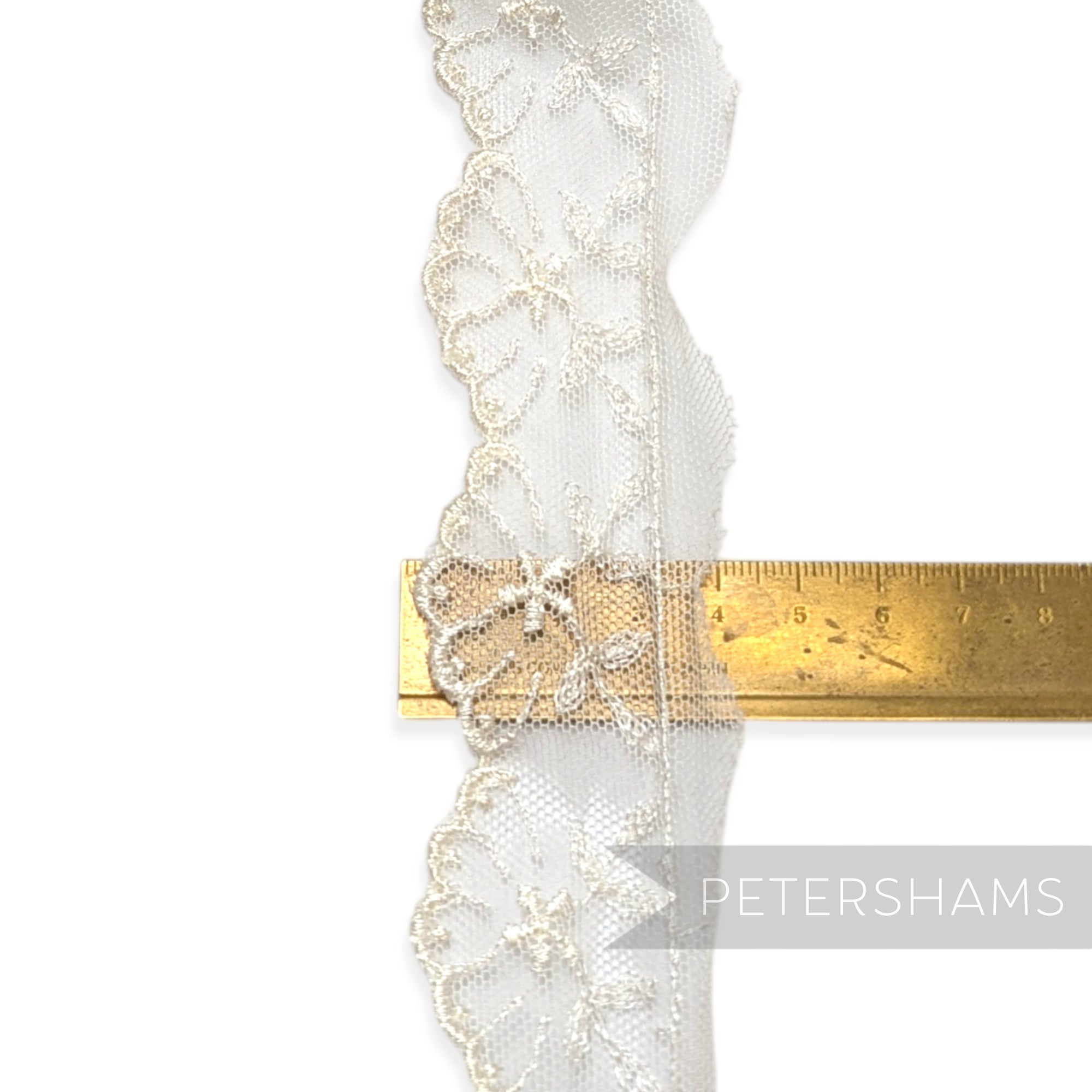 Petershams Millinery Supplies 40mm white embroidered tulle lace trim with delicate star and leaf pattern