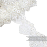 Petershams Millinery Supplies 80mm white tulle lace trim with eyelet, leaf spray, and scalloped edge design