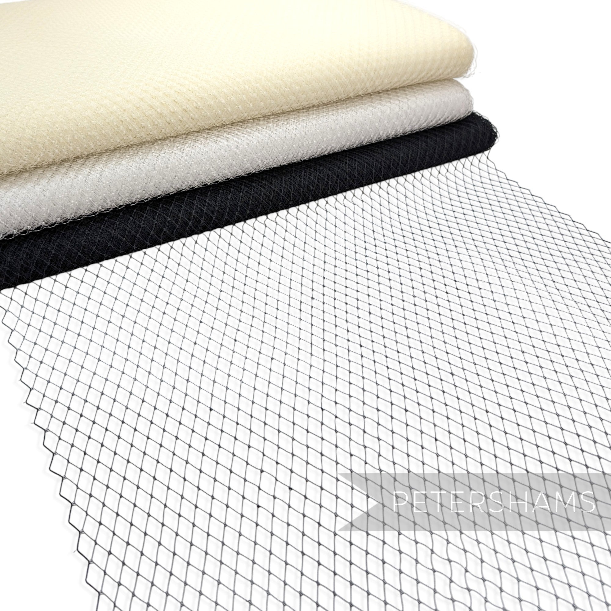 Petershams Millinery Supplies 18 inch wide diamond pattern veiling netting in black, white, and cream for birdcage veils