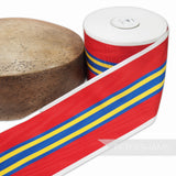 Petershams Millinery Supplies vintage 90mm wide red grosgrain ribbon with blue and yellow stripes and moire effect