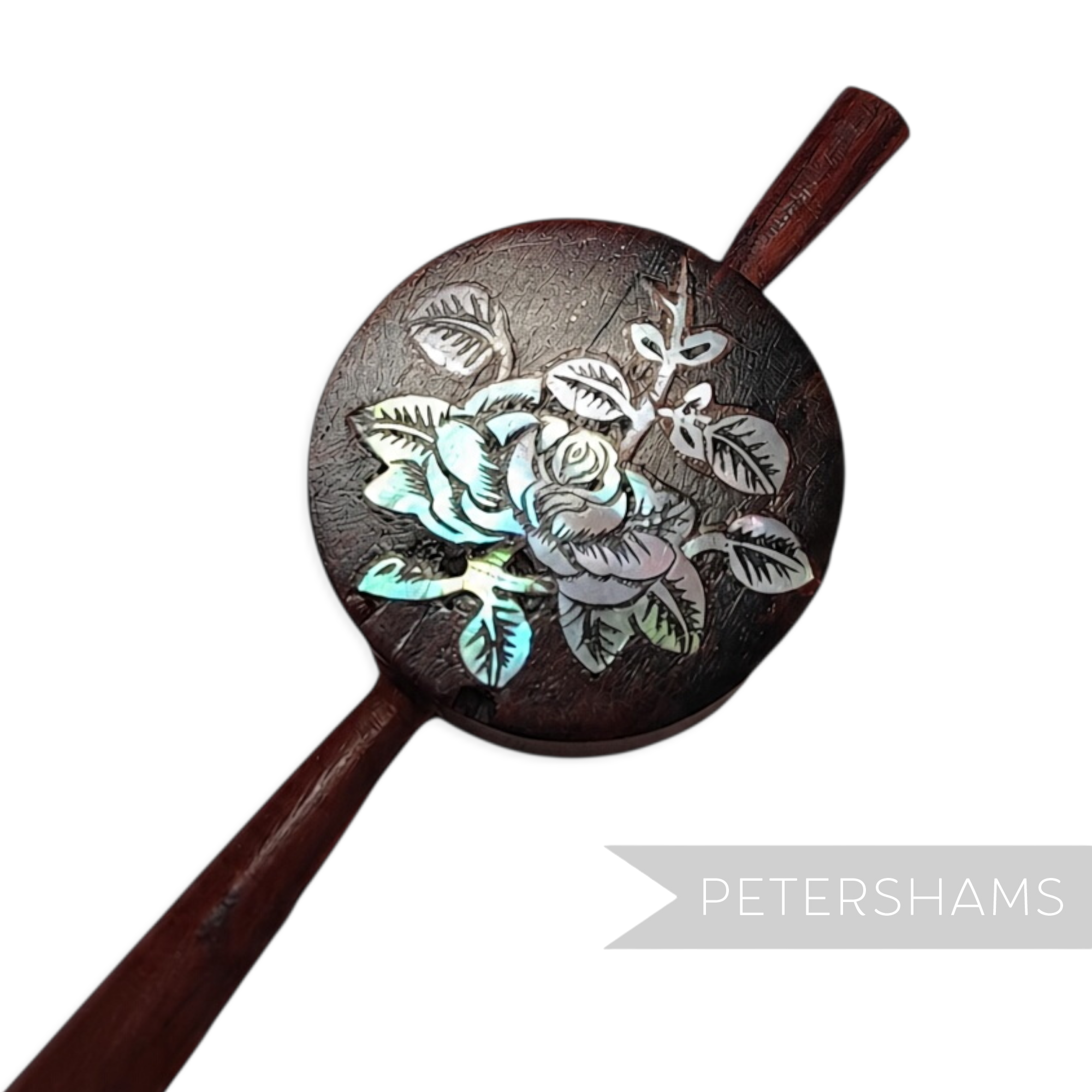Petershams Millinery Supplies vintage wooden hair pin with mother-of-pearl floral inlay on a circular base