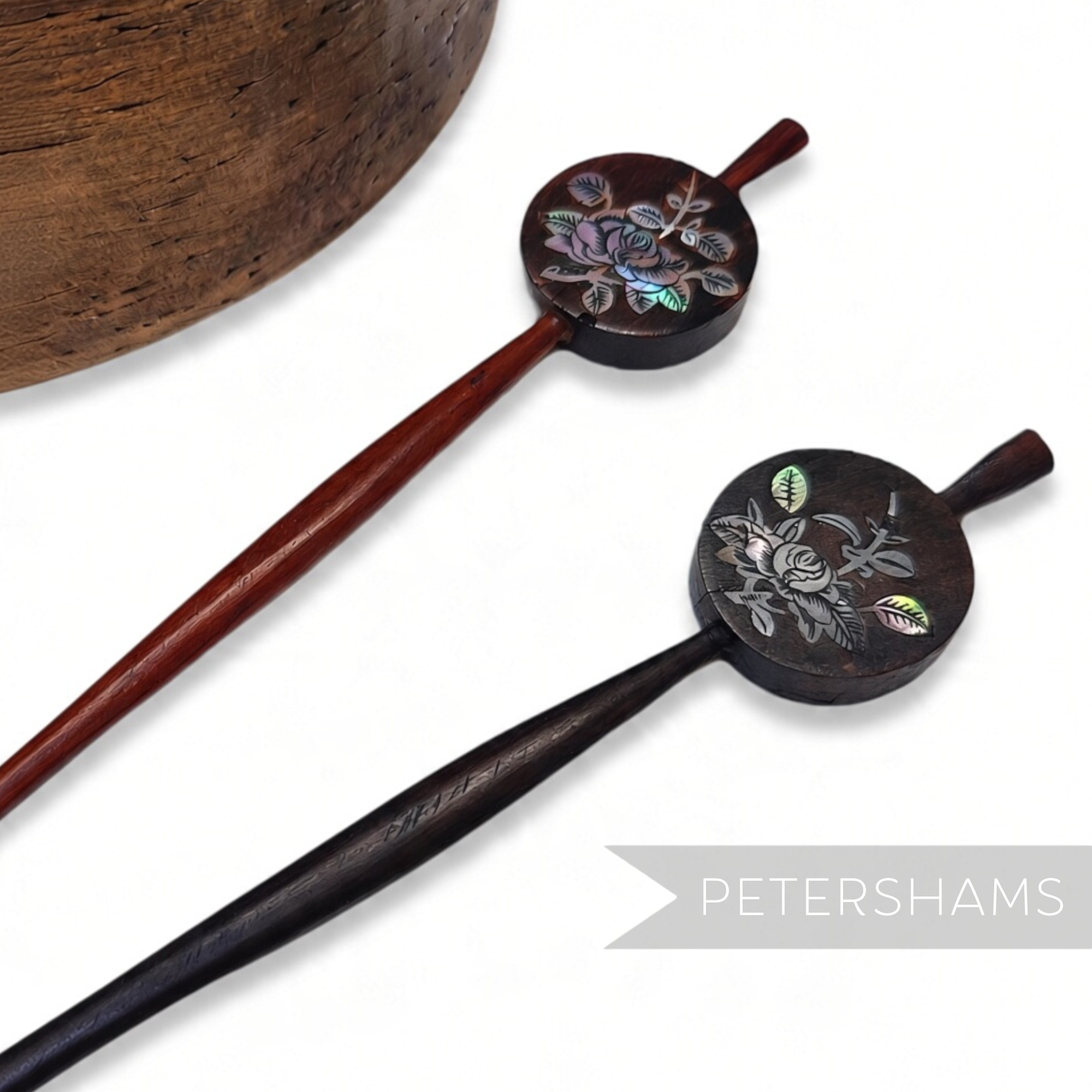 Petershams Millinery Supplies vintage wooden hair pins with mother-of-pearl floral inlay in cherry and mahogany finish