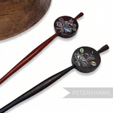 Petershams Millinery Supplies vintage wooden hair pins with mother-of-pearl floral inlay in cherry and mahogany finish