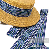 Petershams Millinery Supplies 5cm wide woven wool hat banding with blue, green, and purple patterns and silver lurex.