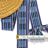 Petershams Millinery Supplies 5cm wide woven wool hat banding in blue, purple, and green with metallic lurex threads.