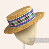 Petershams Millinery Supplies woven wool hat banding with metallic lurex trim on a straw boater hat