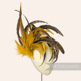 Petershams Millinery Supplies extra large chinchilla pattern coque and hackle feather hat mount in yellow and brown