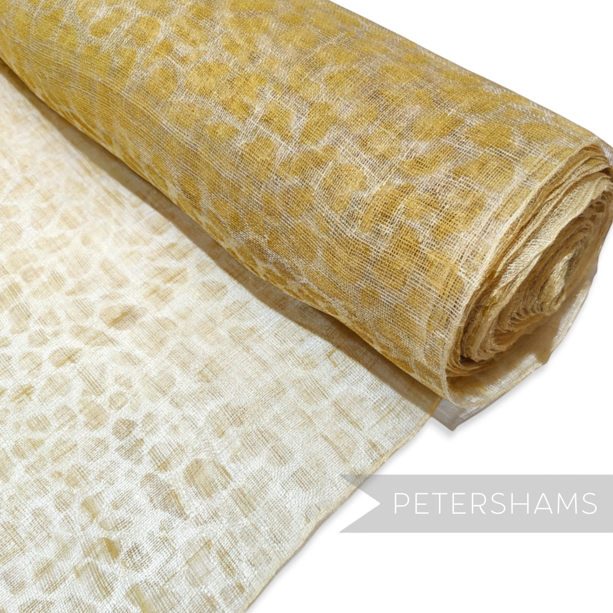 Petershams Millinery Supplies yellow cheetah print sinamay fabric, made from natural abaca, ideal for hat making.