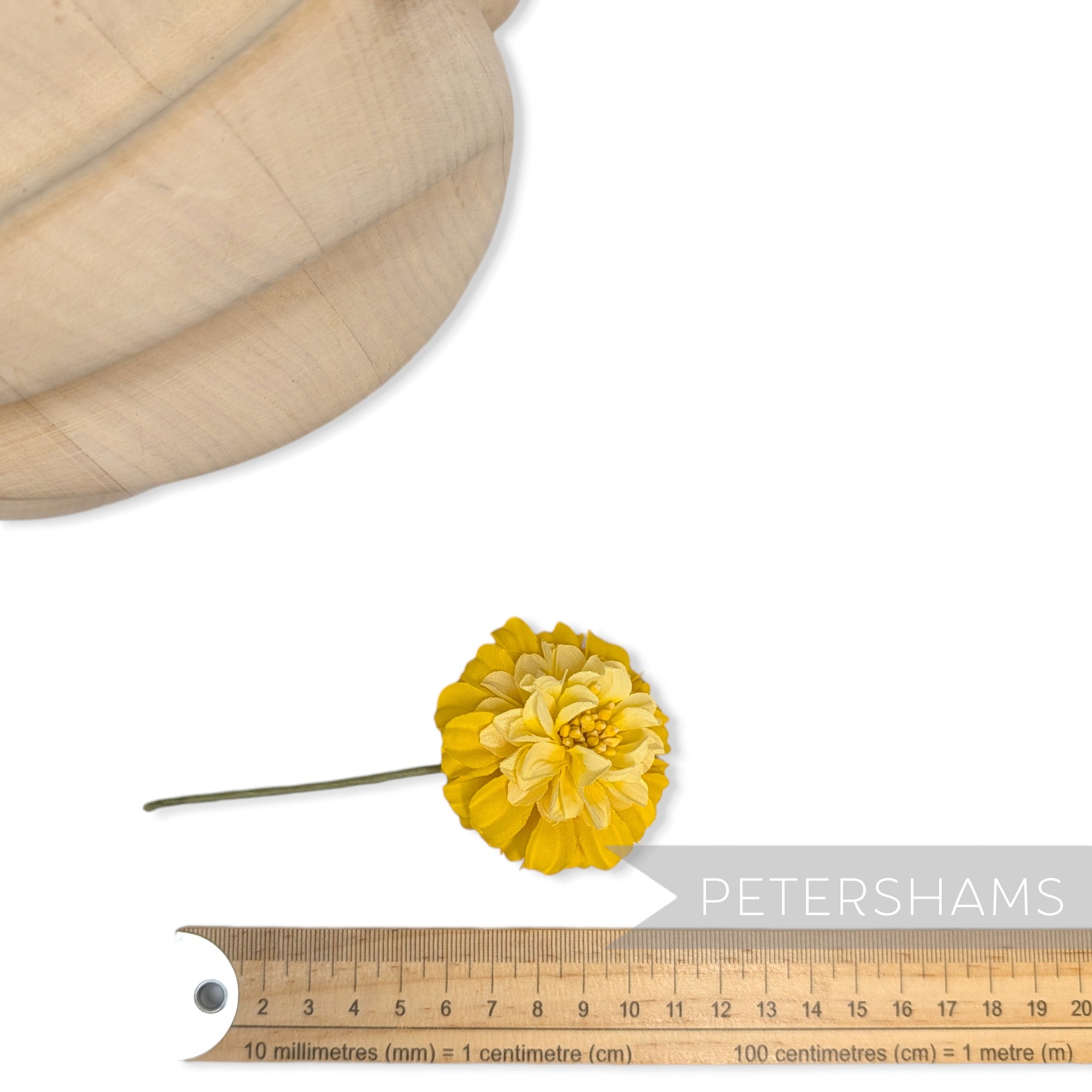Petershams Millinery Supplies vintage 6cm yellow dahlia fabric flower with wire stem for headpieces